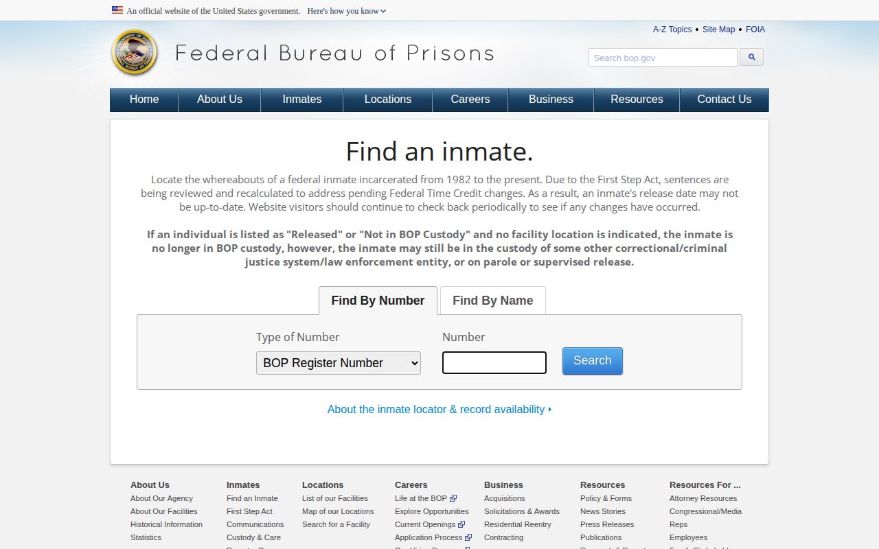 Official Federal Bureau of Prisons inmate locator