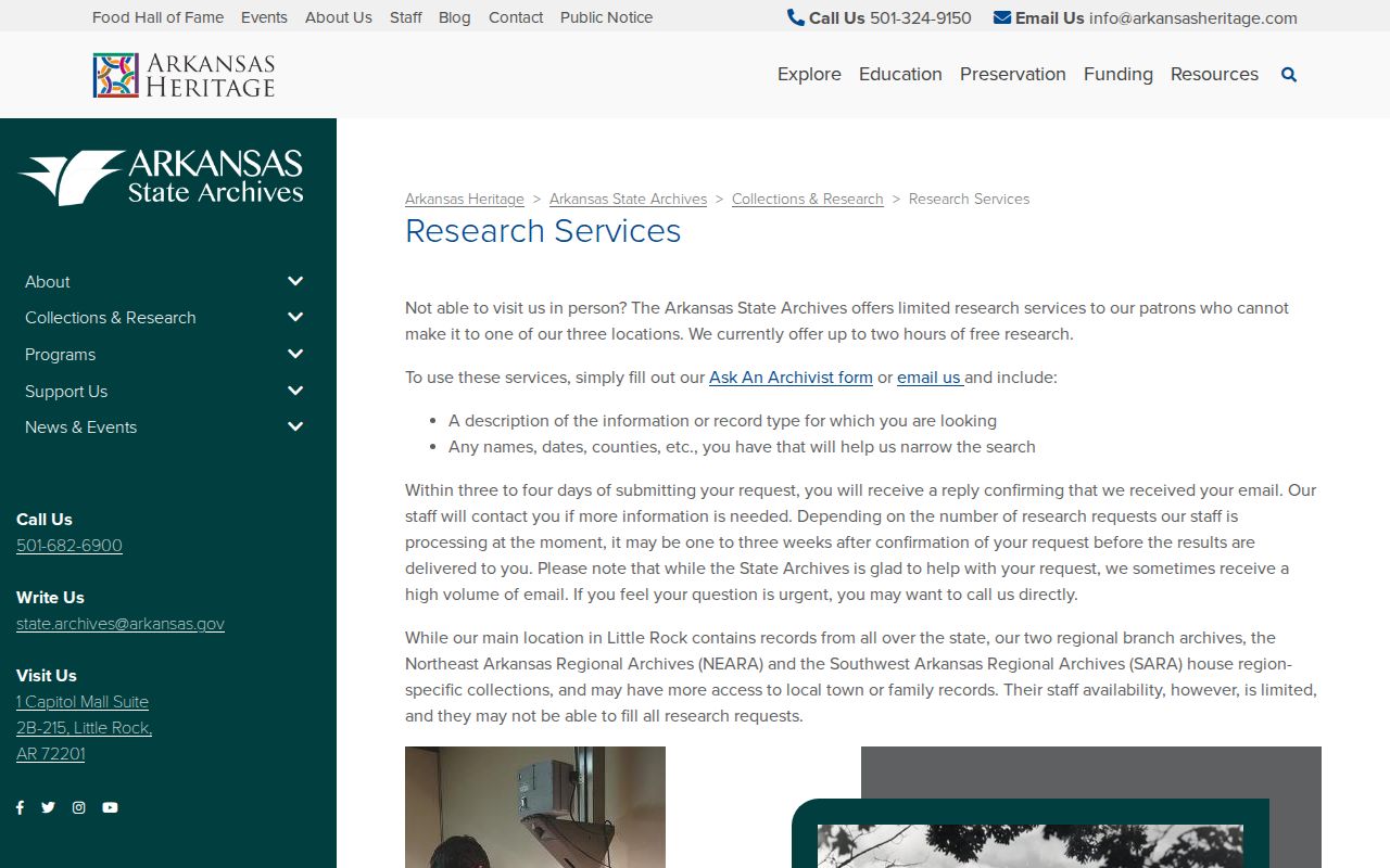 Arkansas State Archives research services page