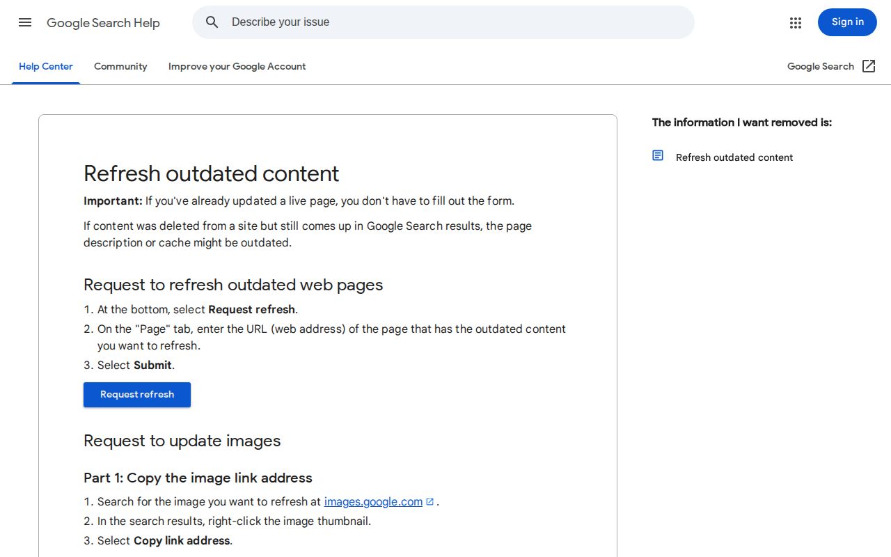 Google Refresh Outdated Content tool for changed search results