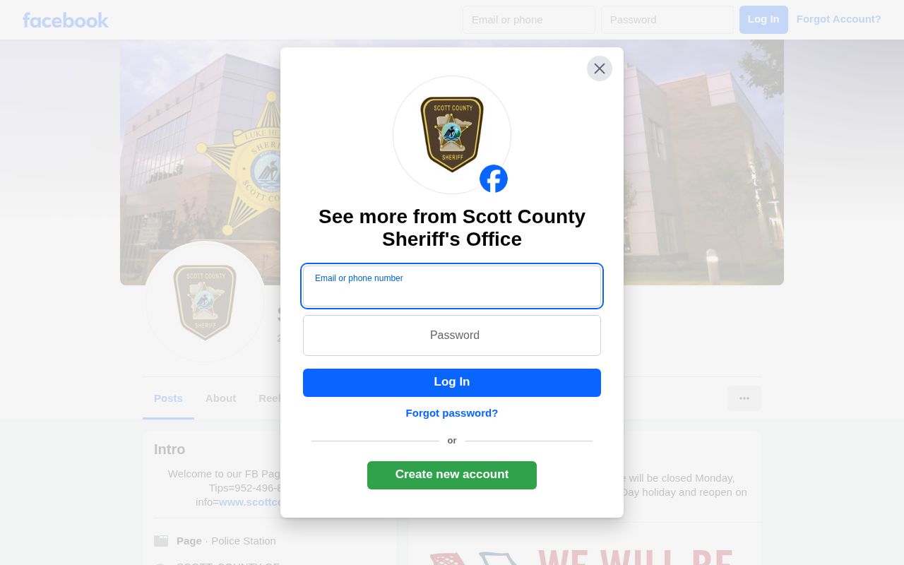 Access screen for a possible Scott County Sheriff Facebook account